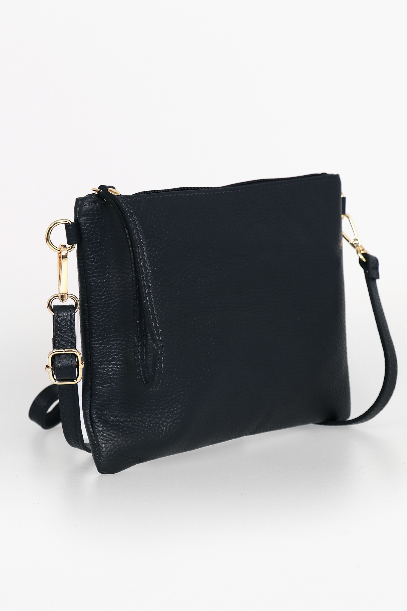 Black leather crossbody bag on a white background