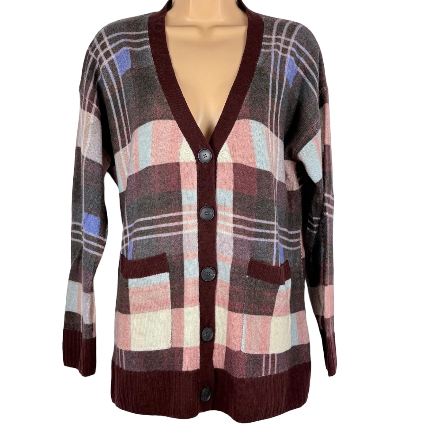 Plaid cardigan on a mannequin against a white background