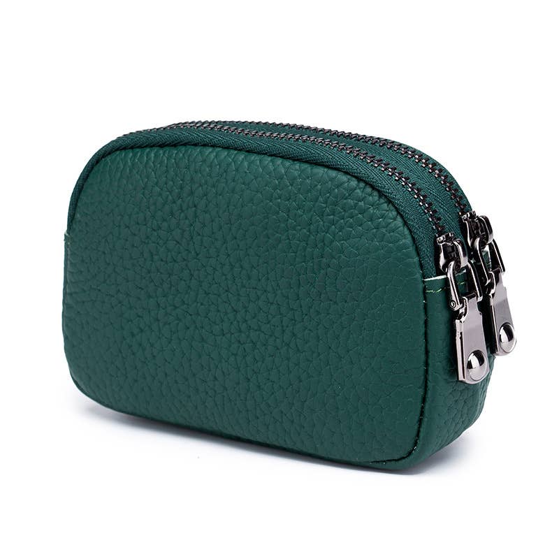 Green leather wallet with a zipper on a white background
