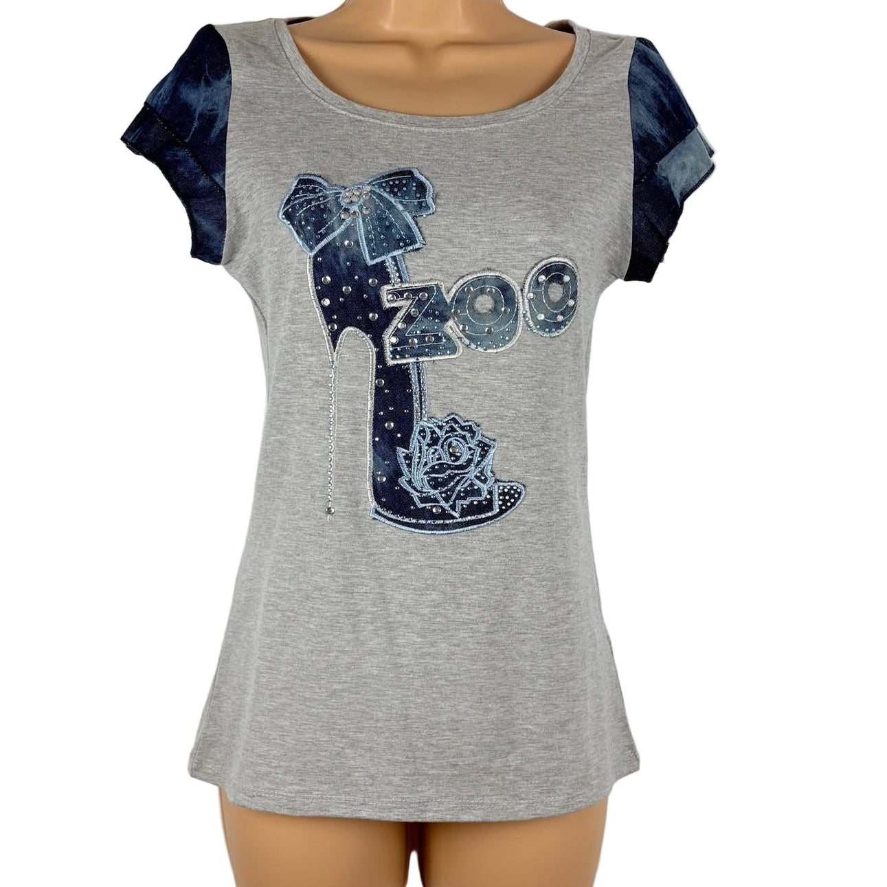 Gray t-shirt with blue design on a mannequin against a white background