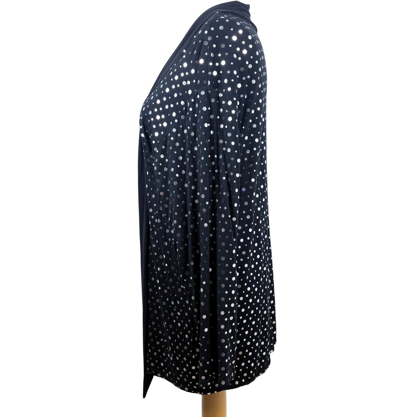 Side view of long black cardigan with sliver dots