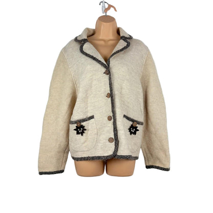 Beige jacket with brown buttons on a mannequin against a white background