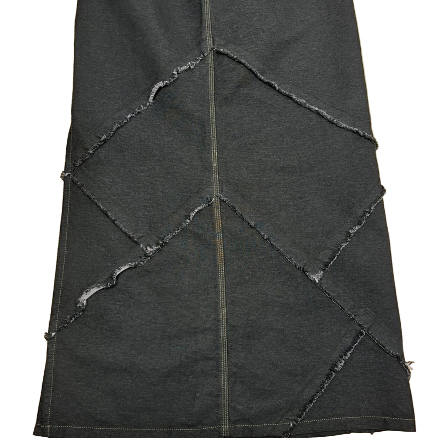 Black denim skirt with distressed edges on a white background