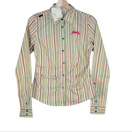 Striped shirt with colorful buttons on a white background