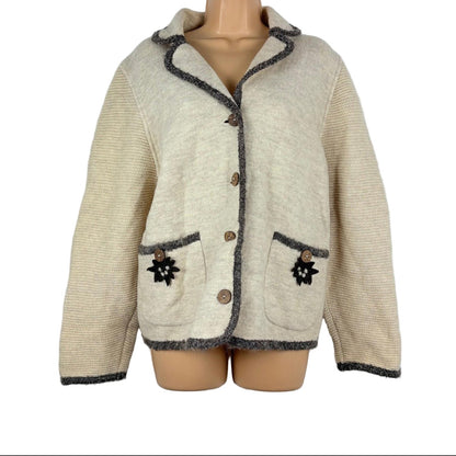 Beige knitted jacket with dark trim on a mannequin against a white background