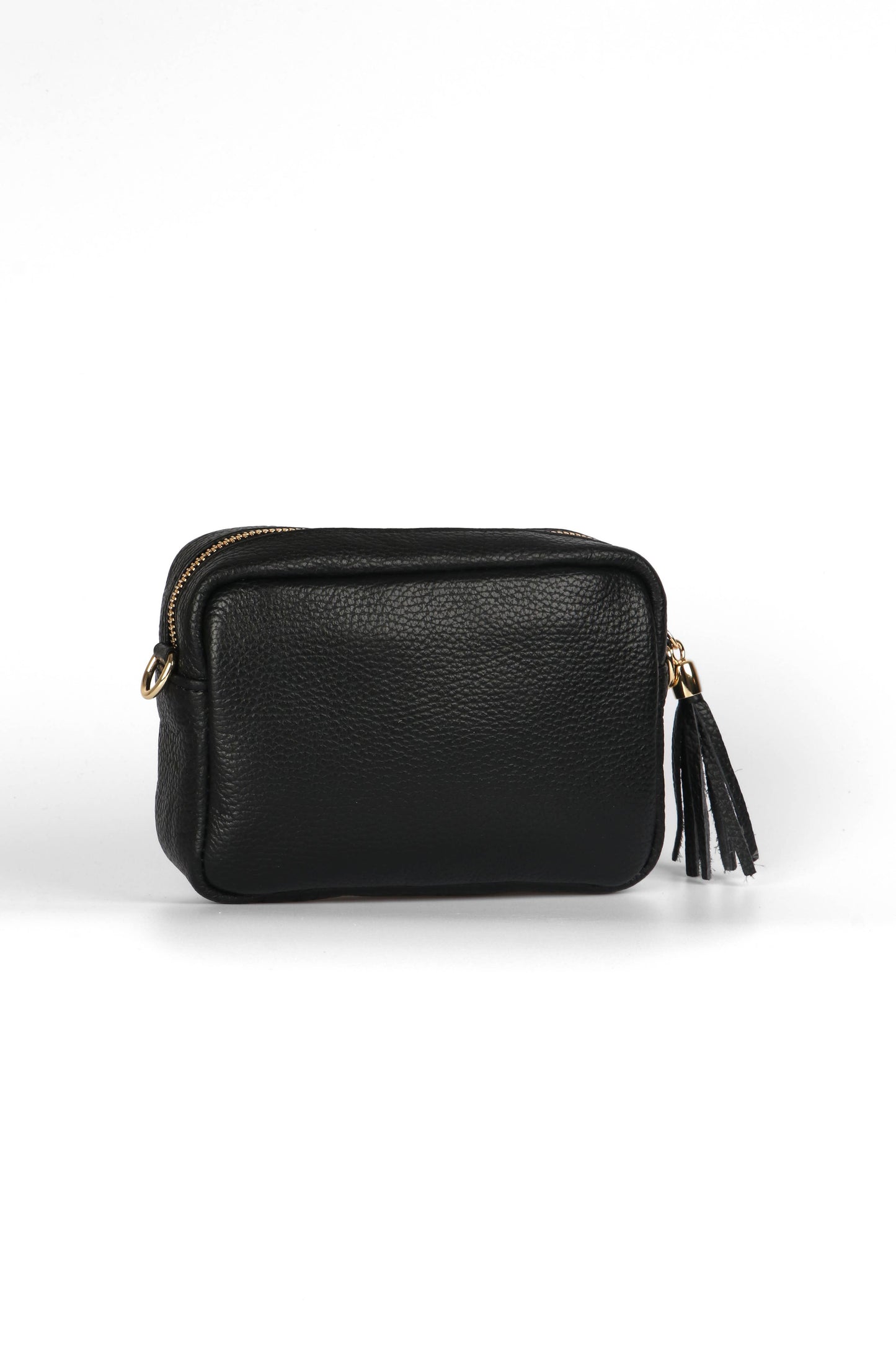 Black leather pouch with gold zipper and tassel on a white background