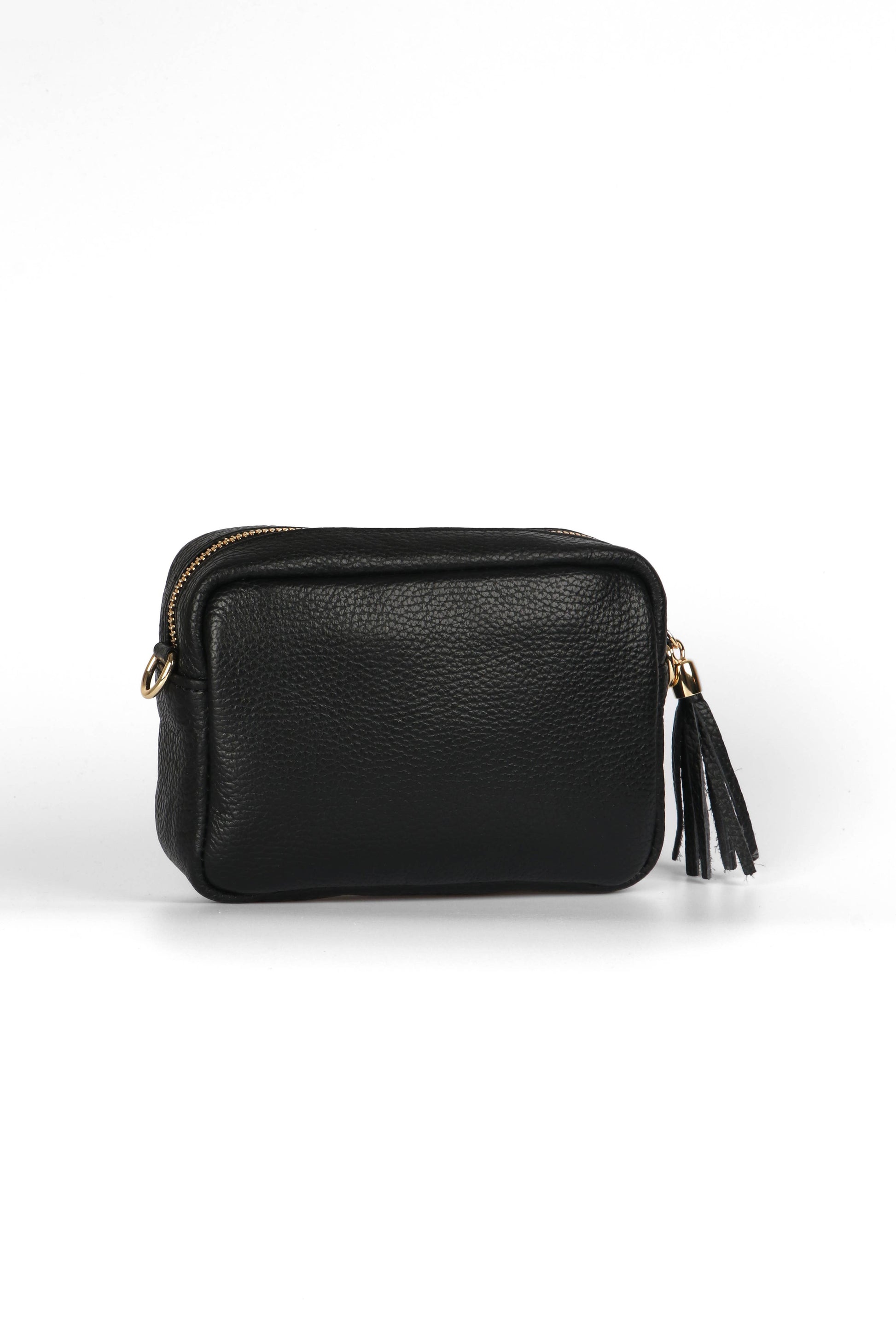 Black leather pouch with gold zipper and tassel on a white background