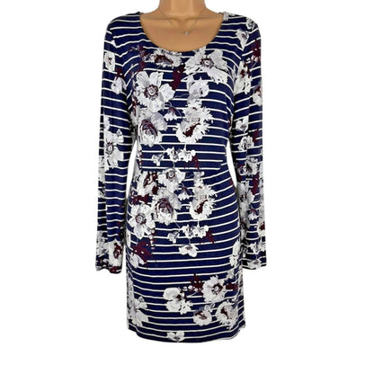 Navy striped dress with floral pattern on a mannequin against a white background
