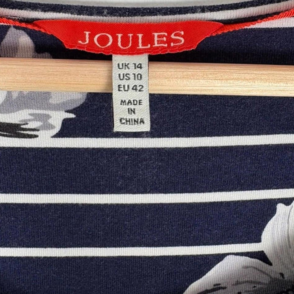 Close-up of a Joules product with floral design and size label on a white background