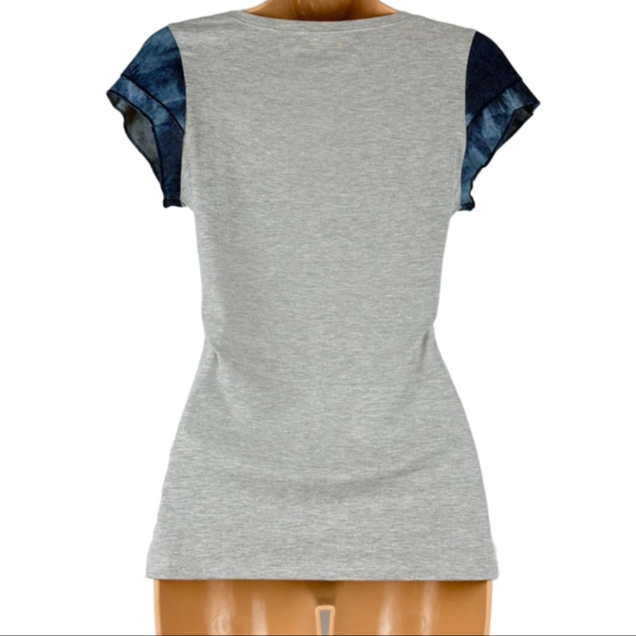 Gray t-shirt with blue sleeves on a mannequin against a white background