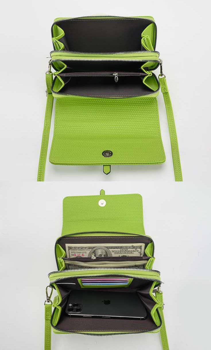 Green crossbody bag with compartments on a white background