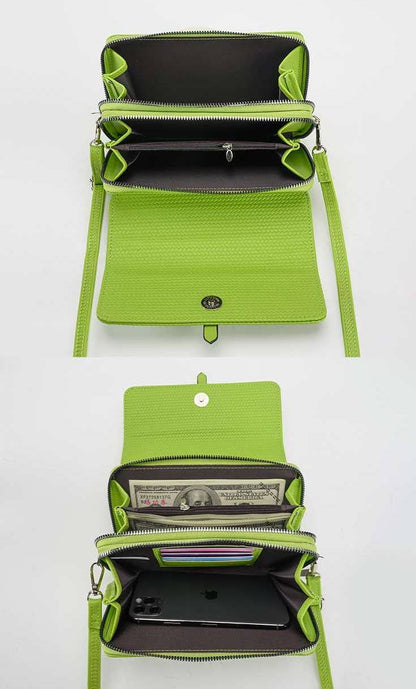 Green crossbody bag with compartments on a white background