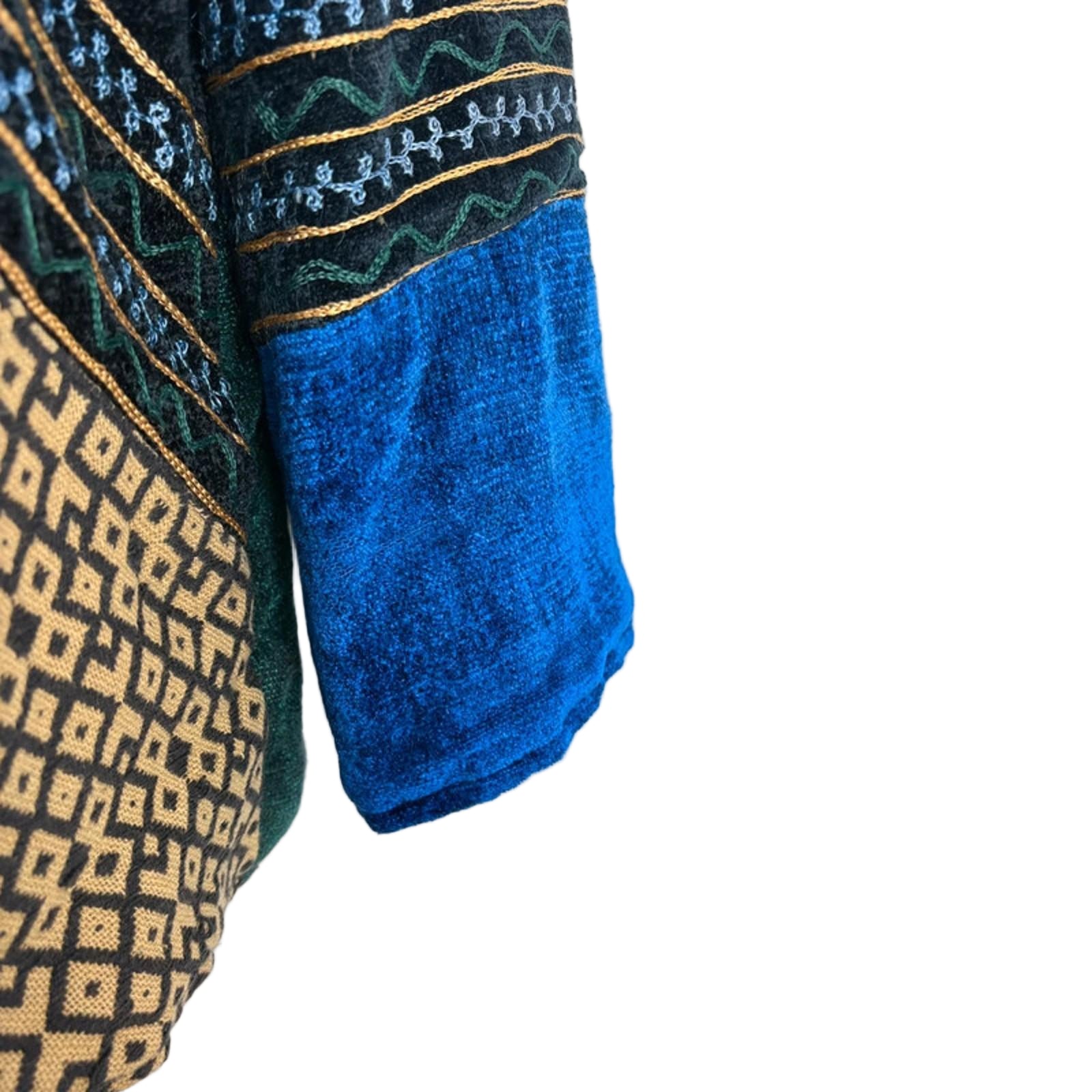 Textile with blue fabric and patterned edges on a white background