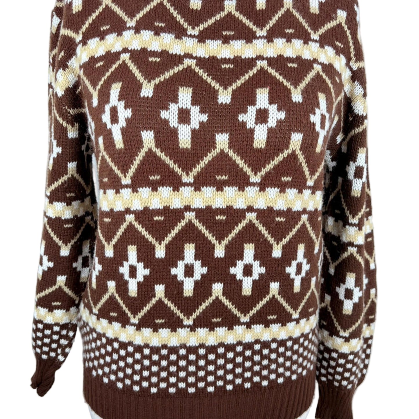 Brown sweater with geometric pattern on a white background