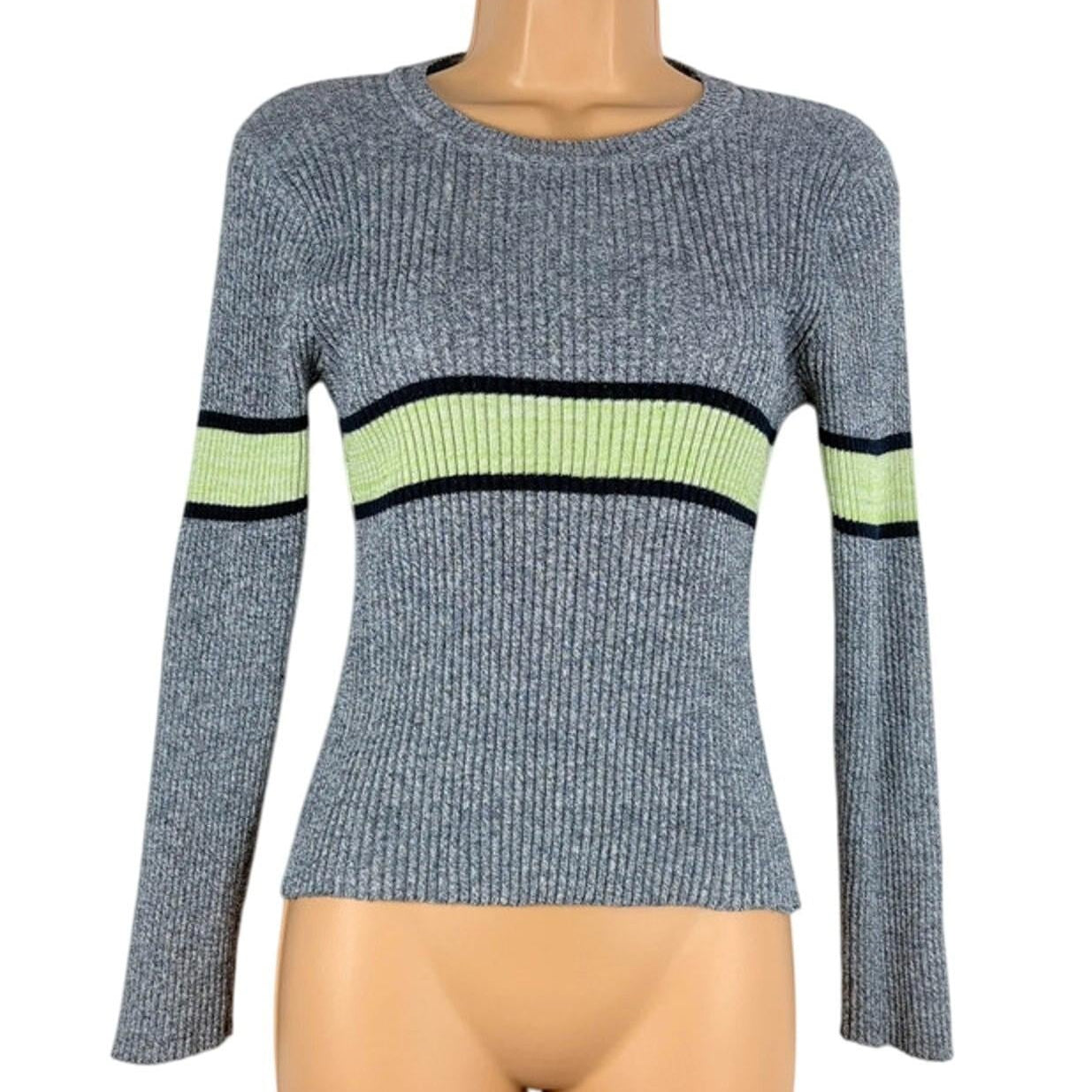 Gray sweater with green and black stripes on a mannequin against a white background