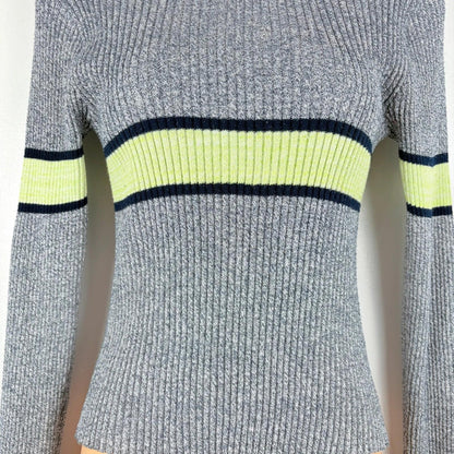 Gray sweater with neon green and navy band on cuffs and waistband
