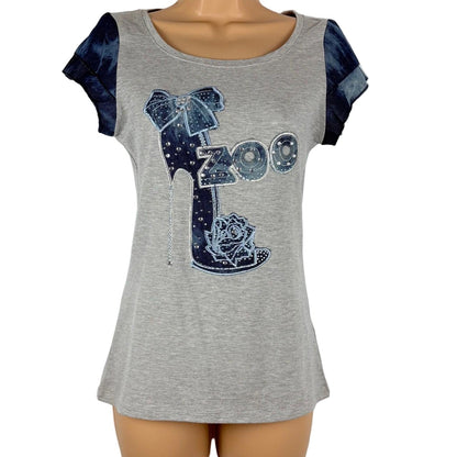 Gray t-shirt with blue design on a mannequin against a white background