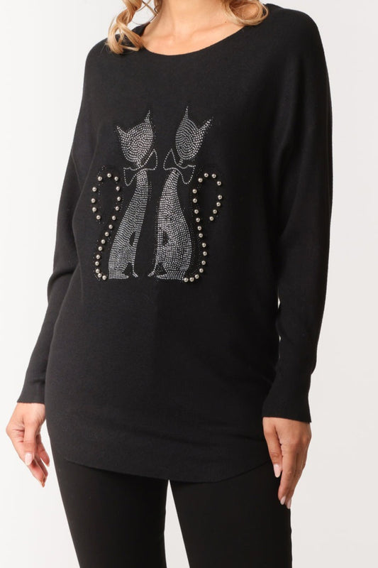 Black sweater with cat design on a white background
