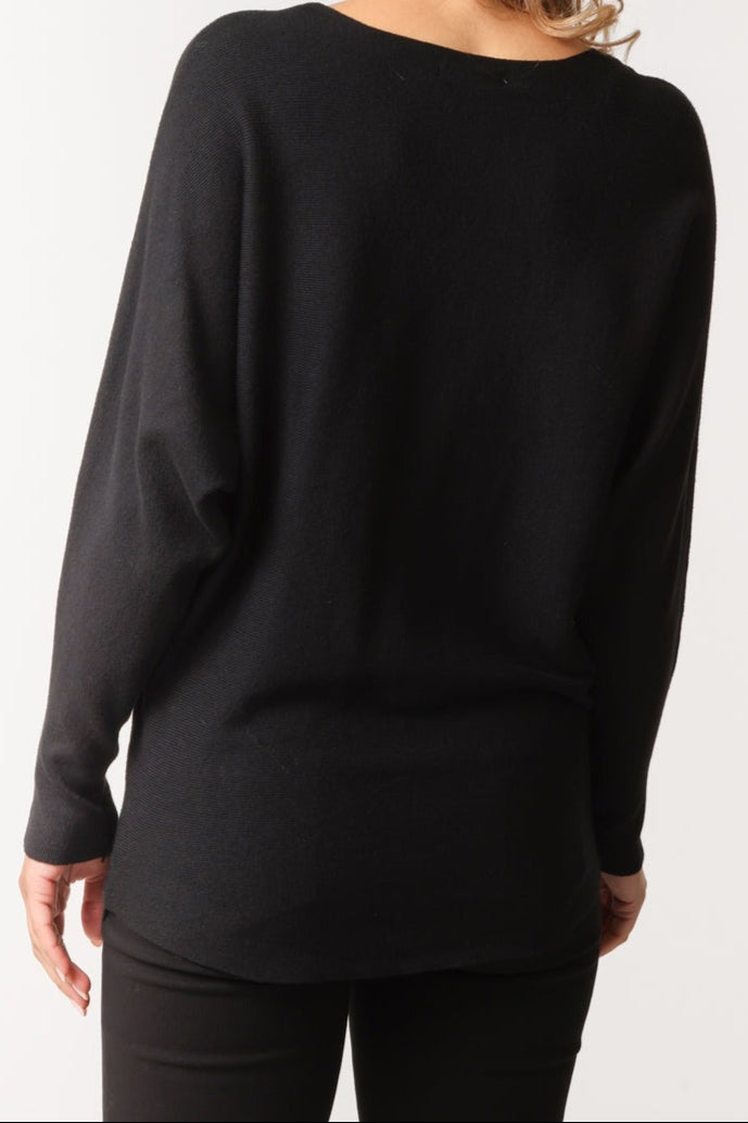 Black sweater worn by a person on a white background