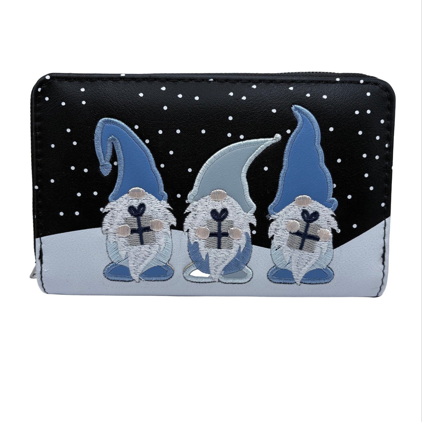 Small pouch with three embroidered gnomes on a black background with white polka dots.