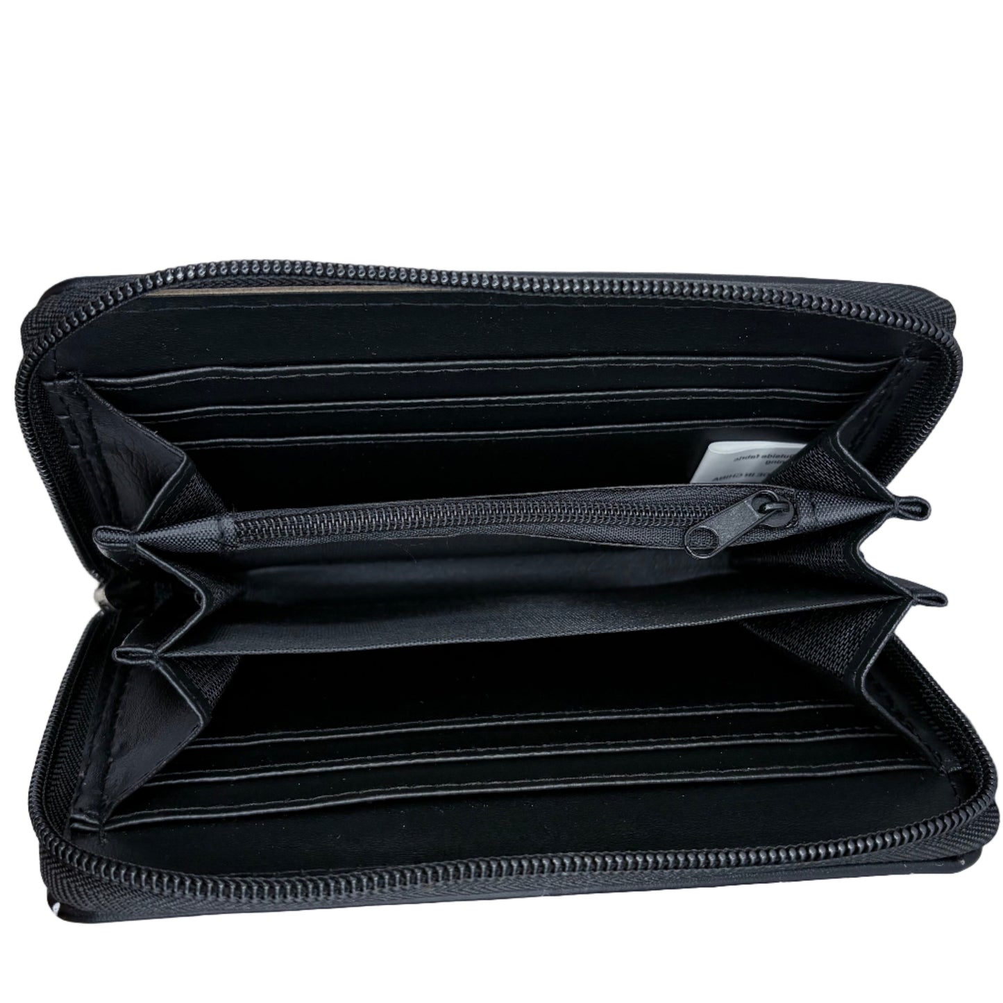 Black zippered pouch on a white background