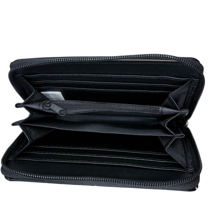 Black zippered pouch on a white background