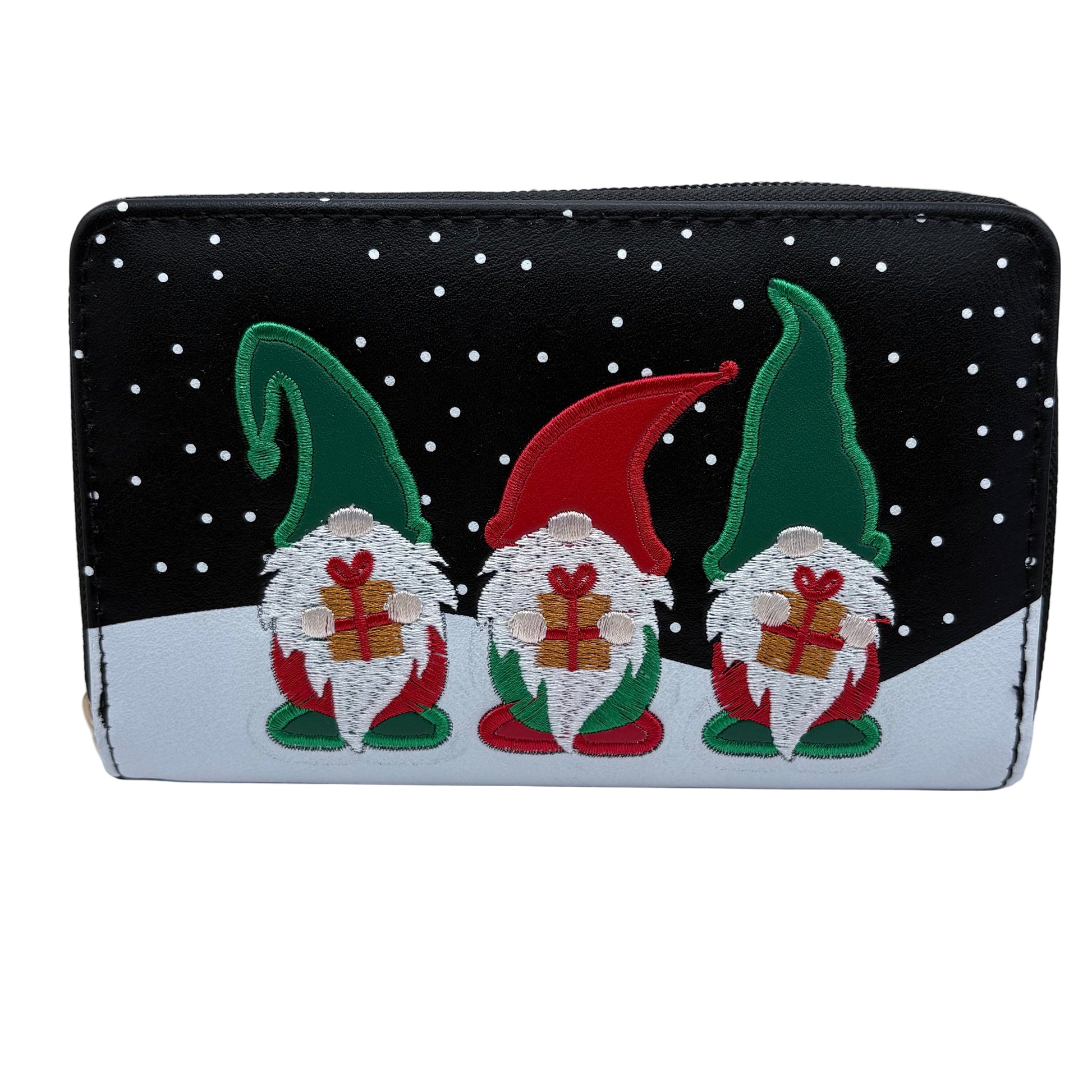 Red and green gnomes on a black purse with snow background 