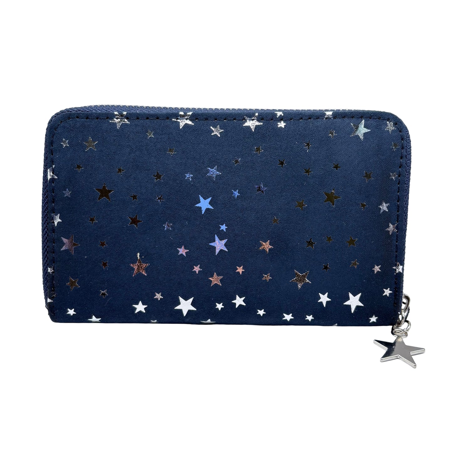Navy blue purse with silver stars on a white background