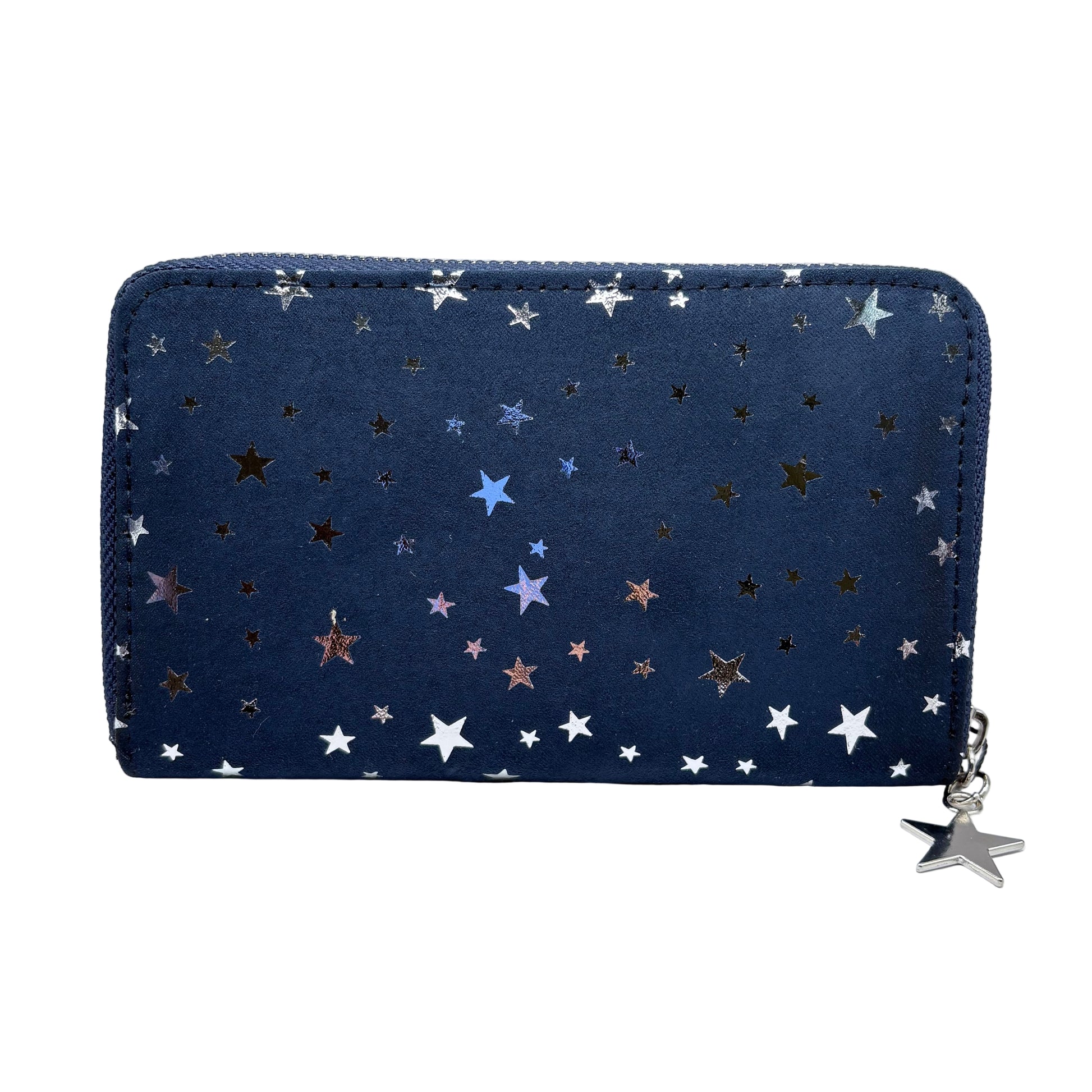 Navy blue purse with silver stars on a white background