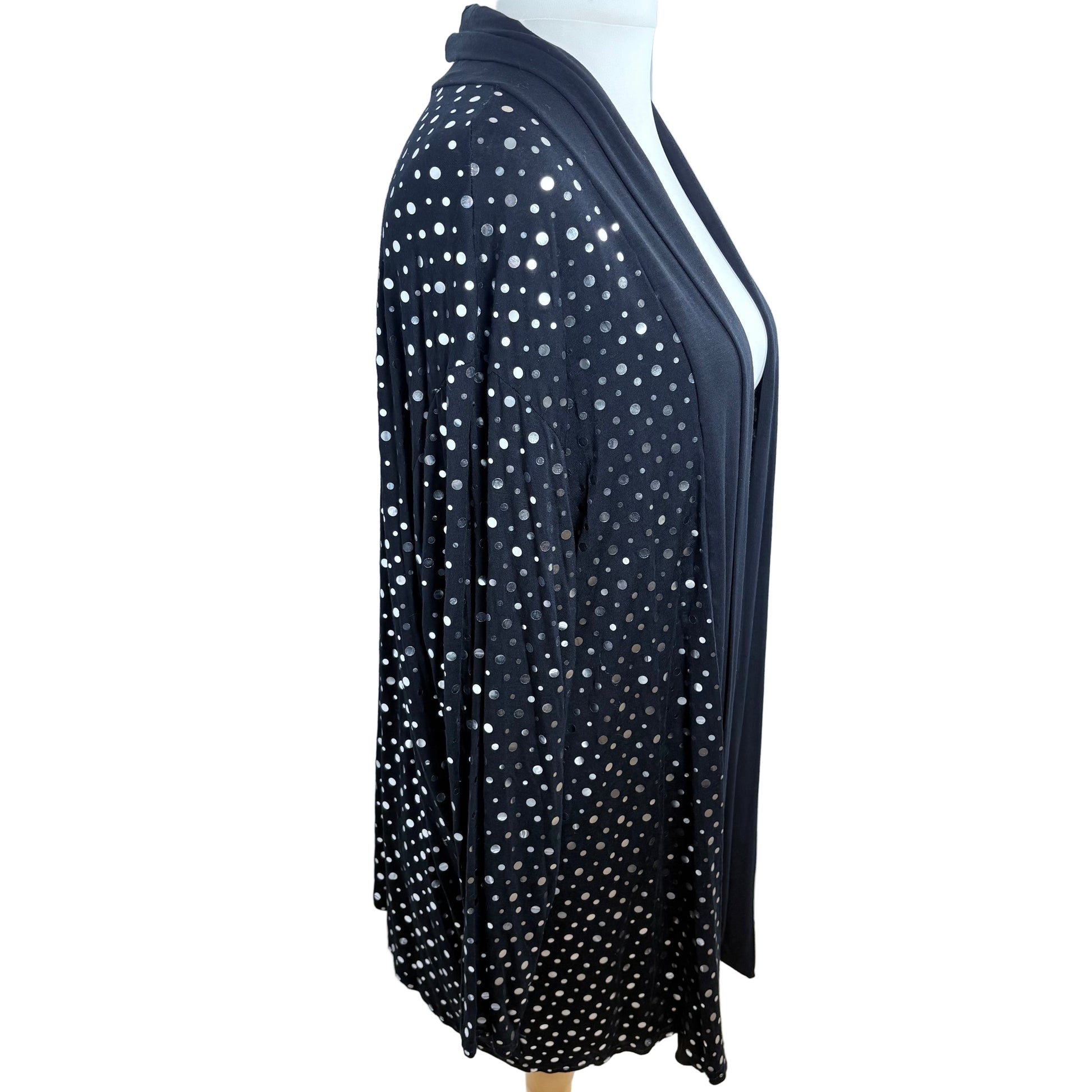Side view black long cardigan with sliver dots