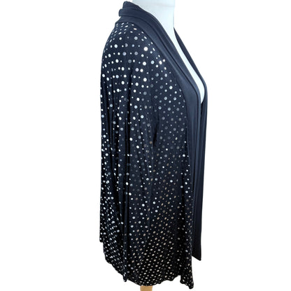 Side view black long cardigan with sliver dots