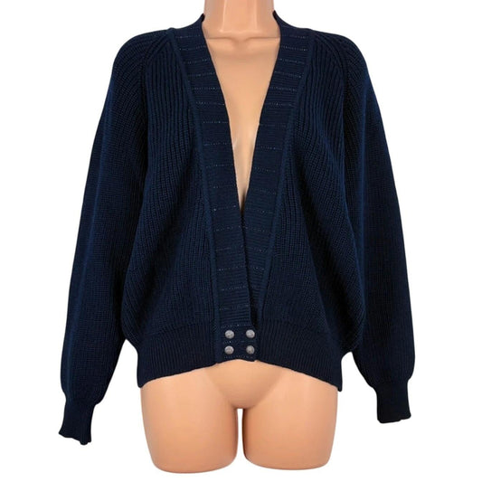 Navy blue cardigan on a mannequin against a white background