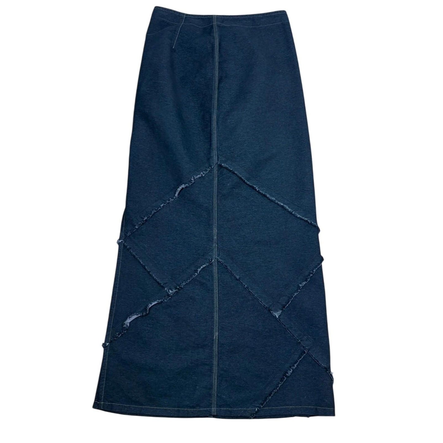 Blue denim skirt with distressed details on a white background