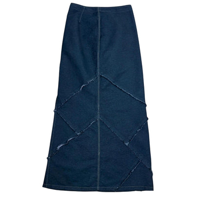 Blue denim skirt with distressed details on a white background