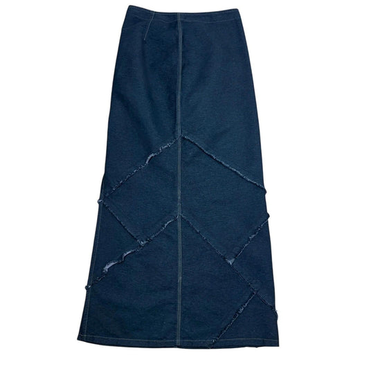 Blue denim skirt with distressed details on a white background