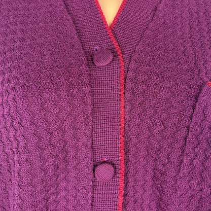 Close-up of a purple textured cardigan with buttons