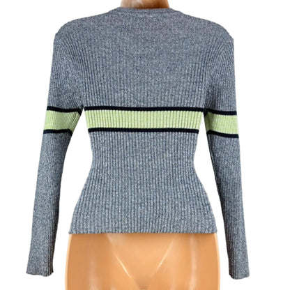 Gray sweater with green and black stripes on a mannequin against a white background