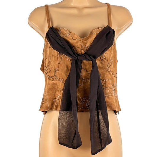 Brown top with black scarf on a mannequin against a white background