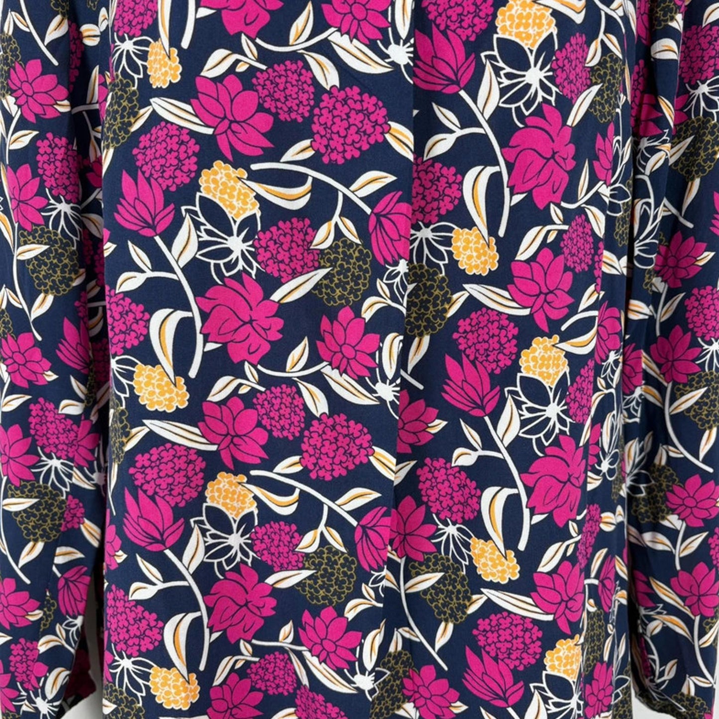 Floral patterned fabric with pink, yellow, and white flowers on a blue background.