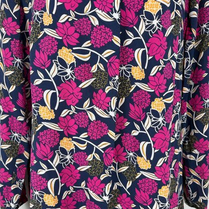 Floral patterned fabric with pink, yellow, and white flowers on a blue background.