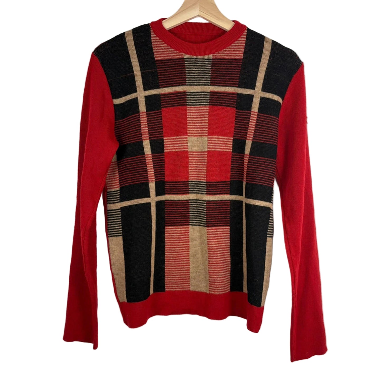 Red sweater with plaid pattern on a hanger against a white background