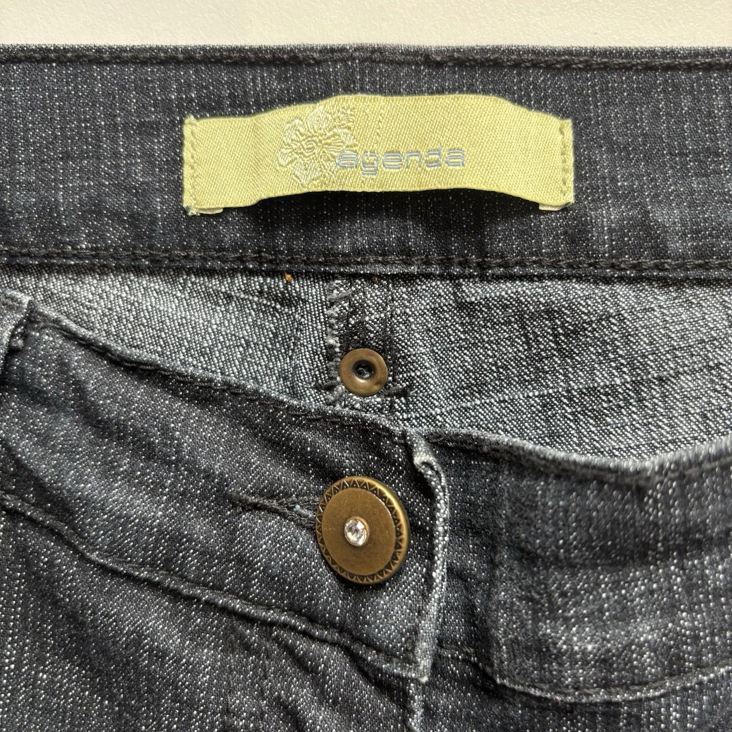 Close-up of a denim fabric with a brand label and button