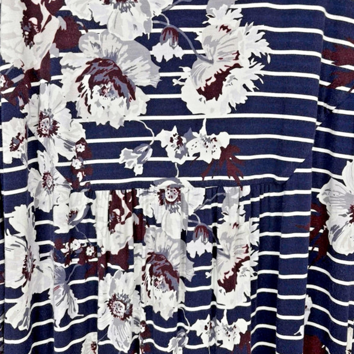 Close up of Navy striped fabric with white floral patterns
