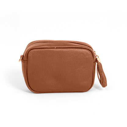 Brown leather pouch with a strap on a white background