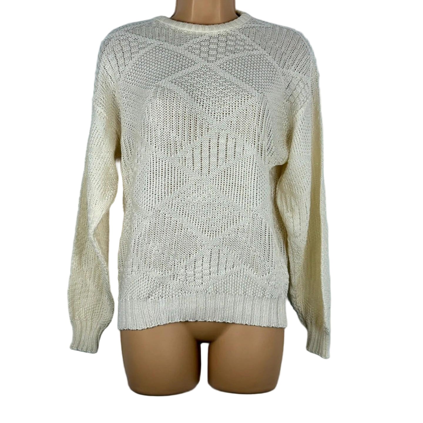 Beige knitted sweater on a mannequin against a light white background