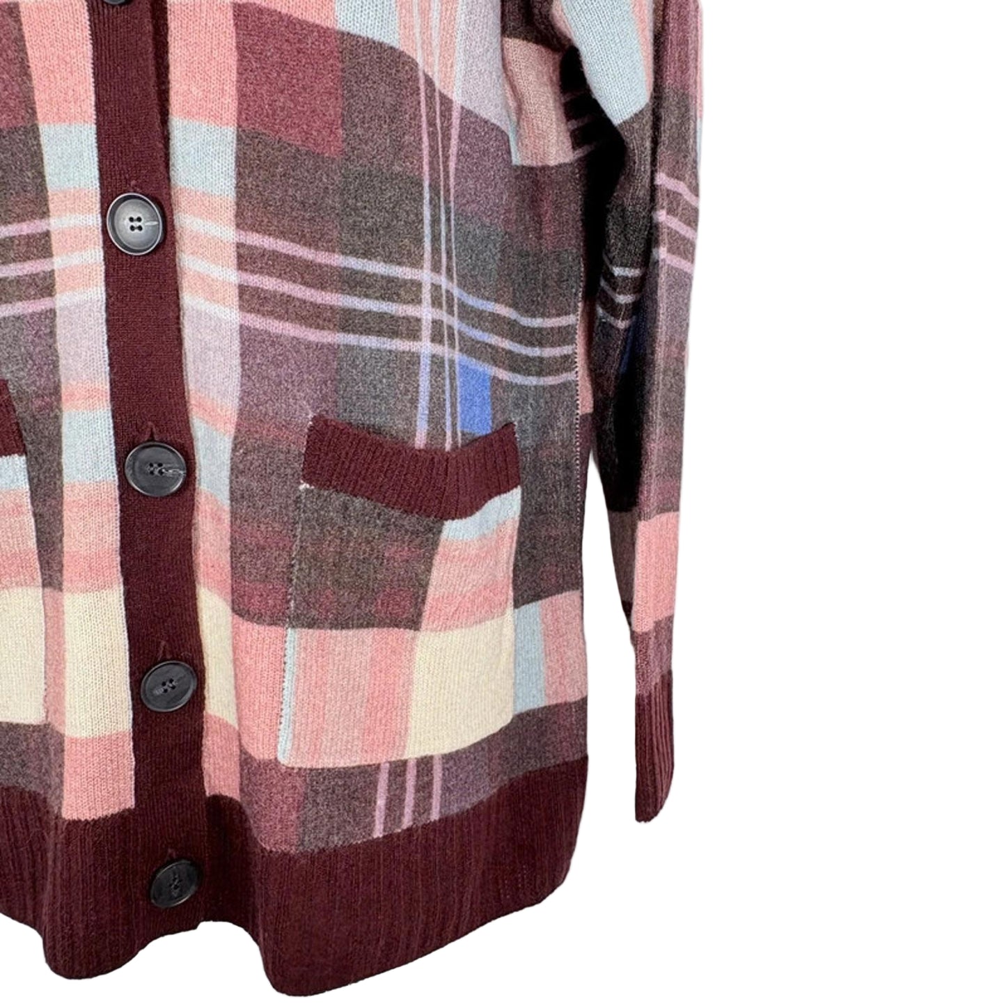 Plaid patterned cardigan with buttons on a white background