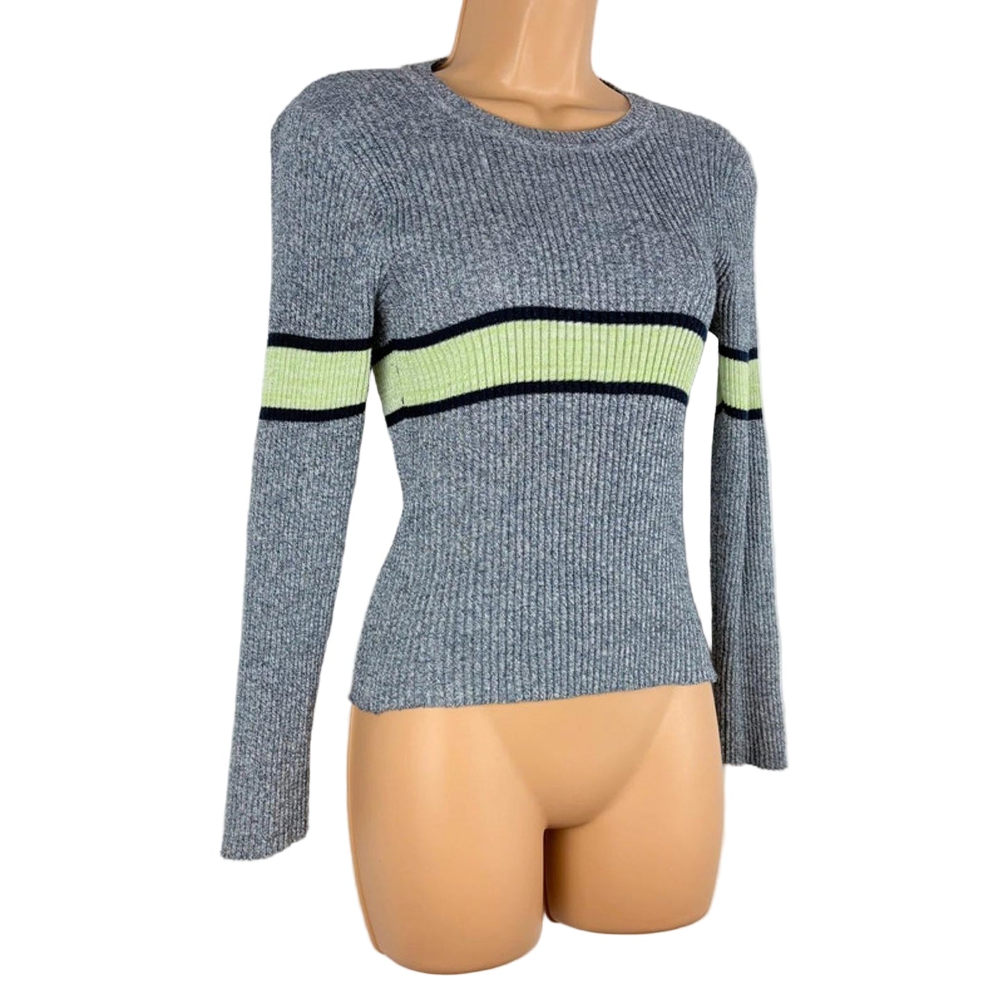Gray sweater with green and black stripes on a mannequin against a white background