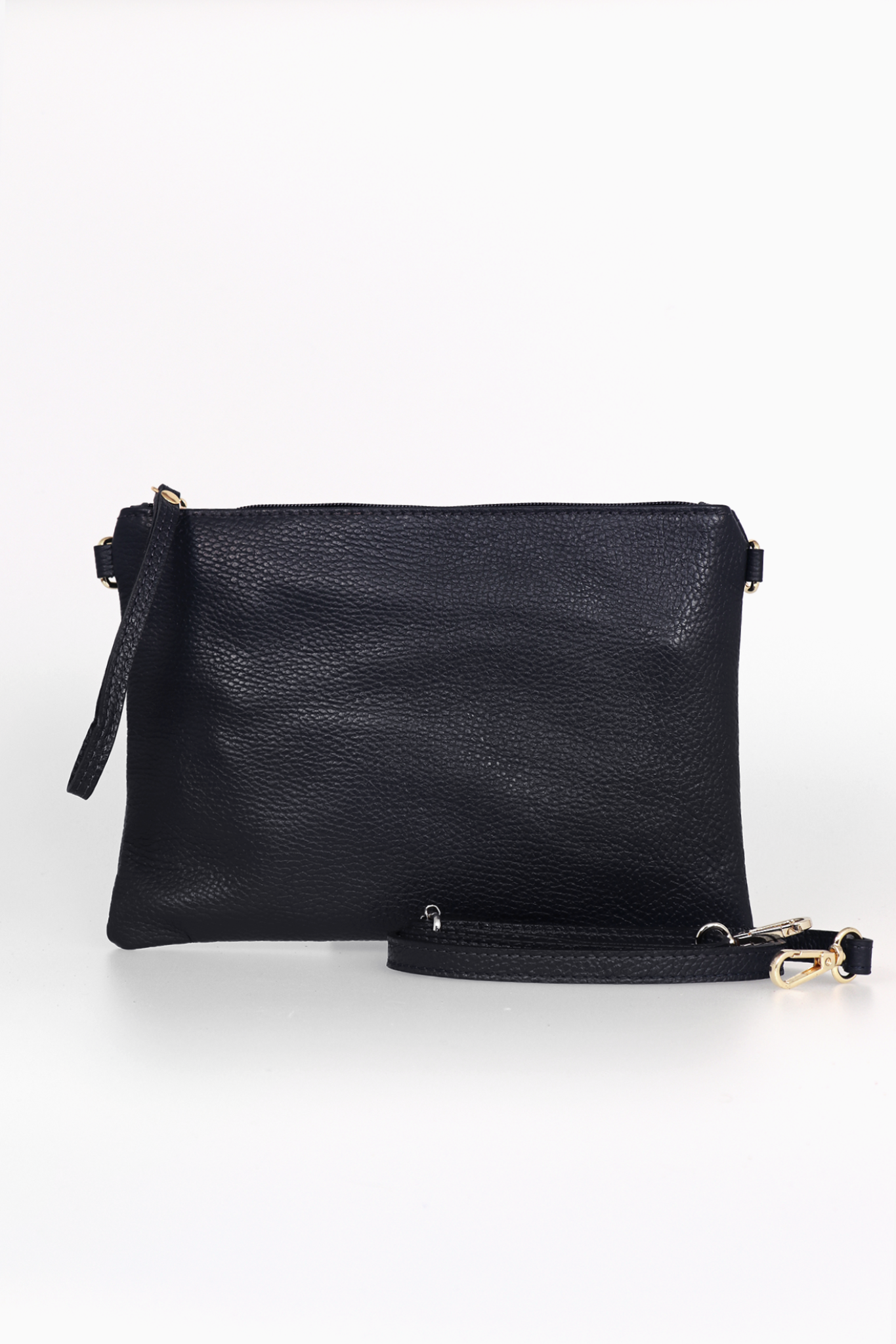 Black leather crossbody bag on a white background