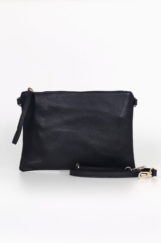 Black leather crossbody bag on a white background