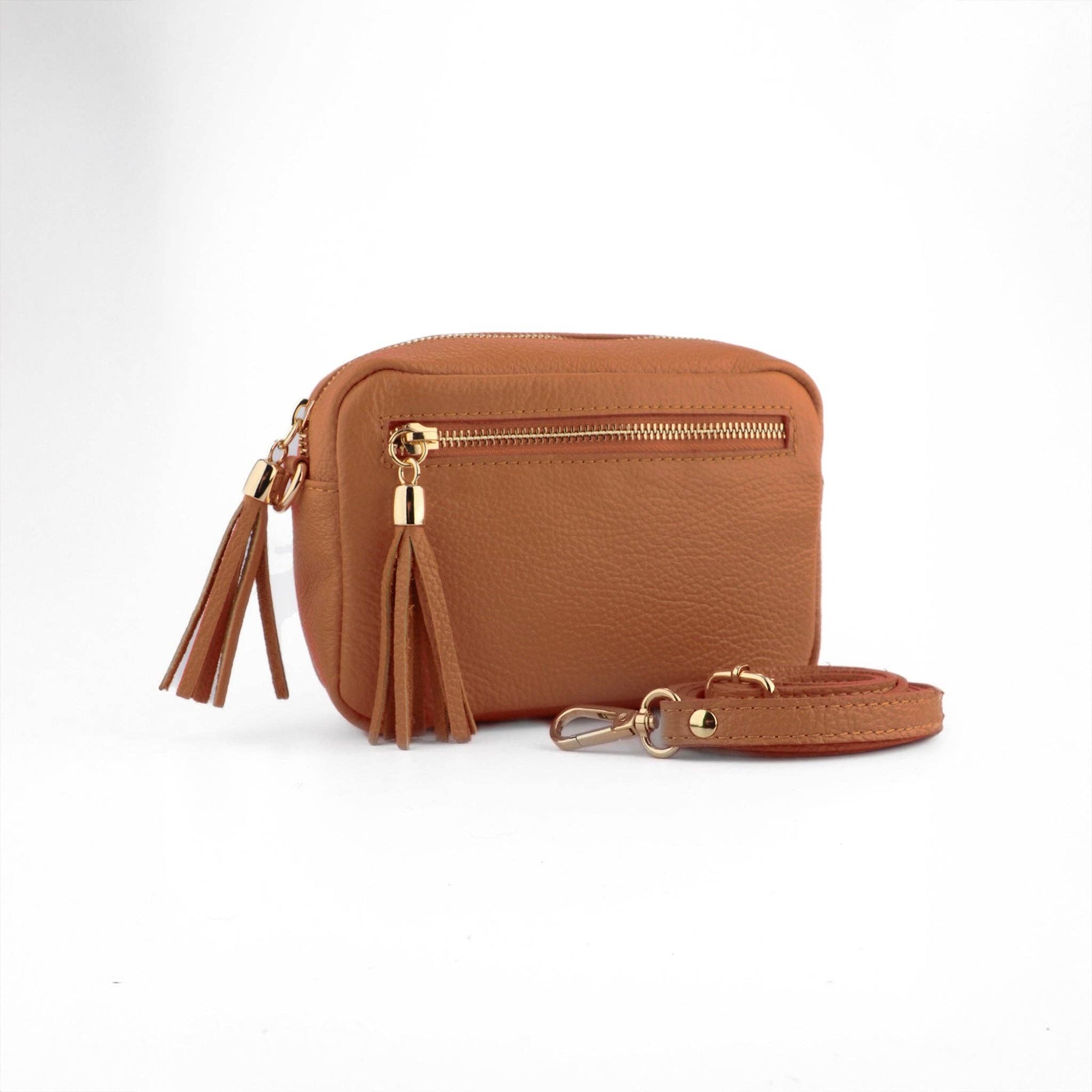 Brown leather crossbody bag with gold accents on a white background